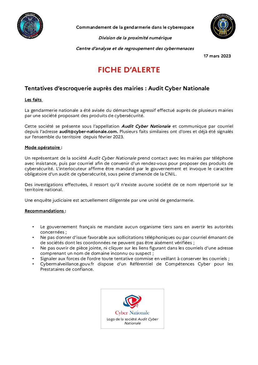 Actualit S Fiche D Alerte De La Gendarmerie Du Cyberespace