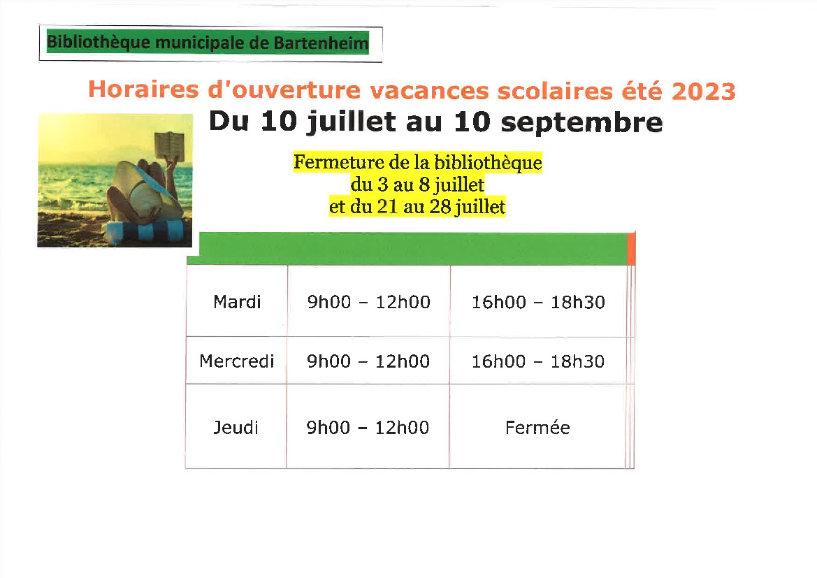 Noticias Horaires d ouverture de la bibliothèque été 2023