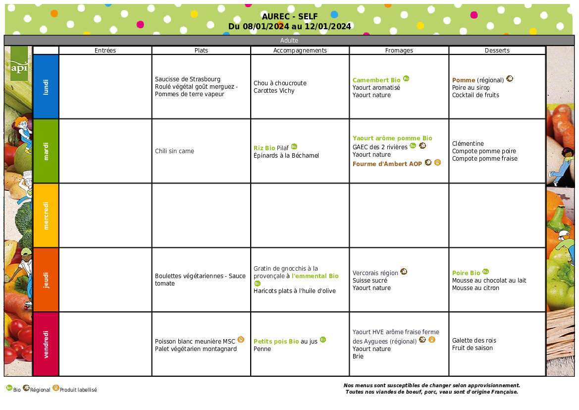 Actualités Menus du 08 Janvier 2024 au 12 janvier 2024 Actualité