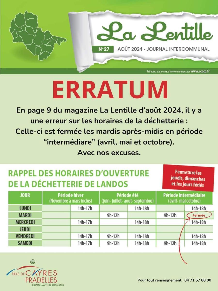 ERRATUM : horaire déchetterie