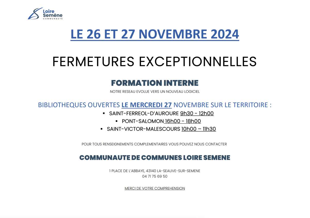 Fermetures exceptionnelles de la médiathèque 26-27/11/2024