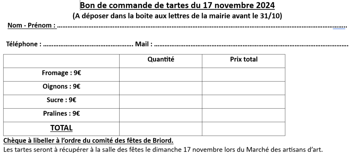 Vente de tartes du comité des fêtes