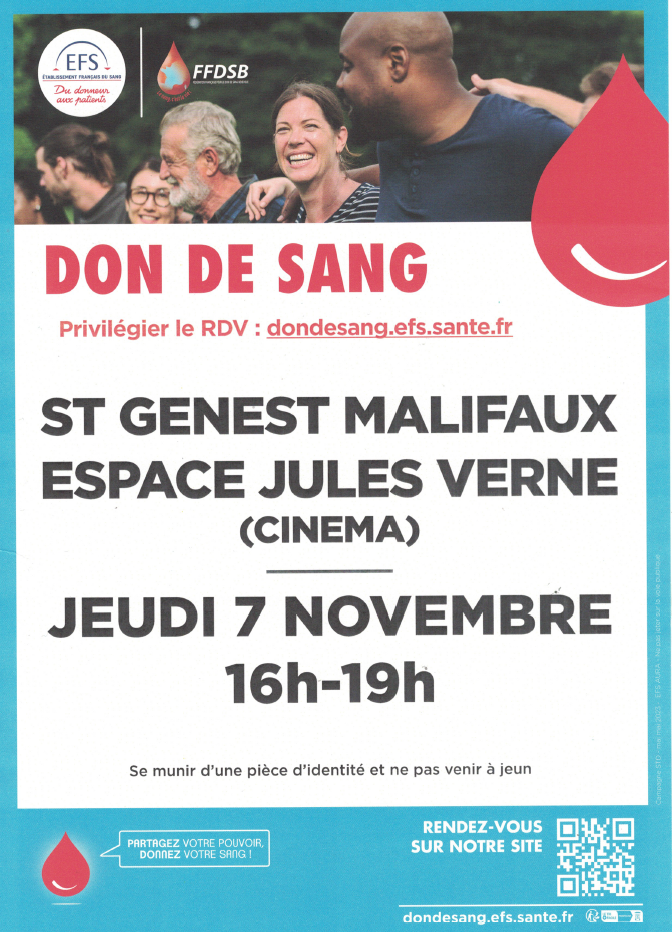 Don du sang - Espace Jules VERNE - Jeudi 7 novembre 16h/19h