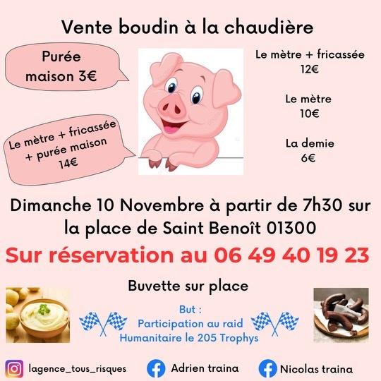 Vente de boudins à la chaudière, dimanche 10 novembre.