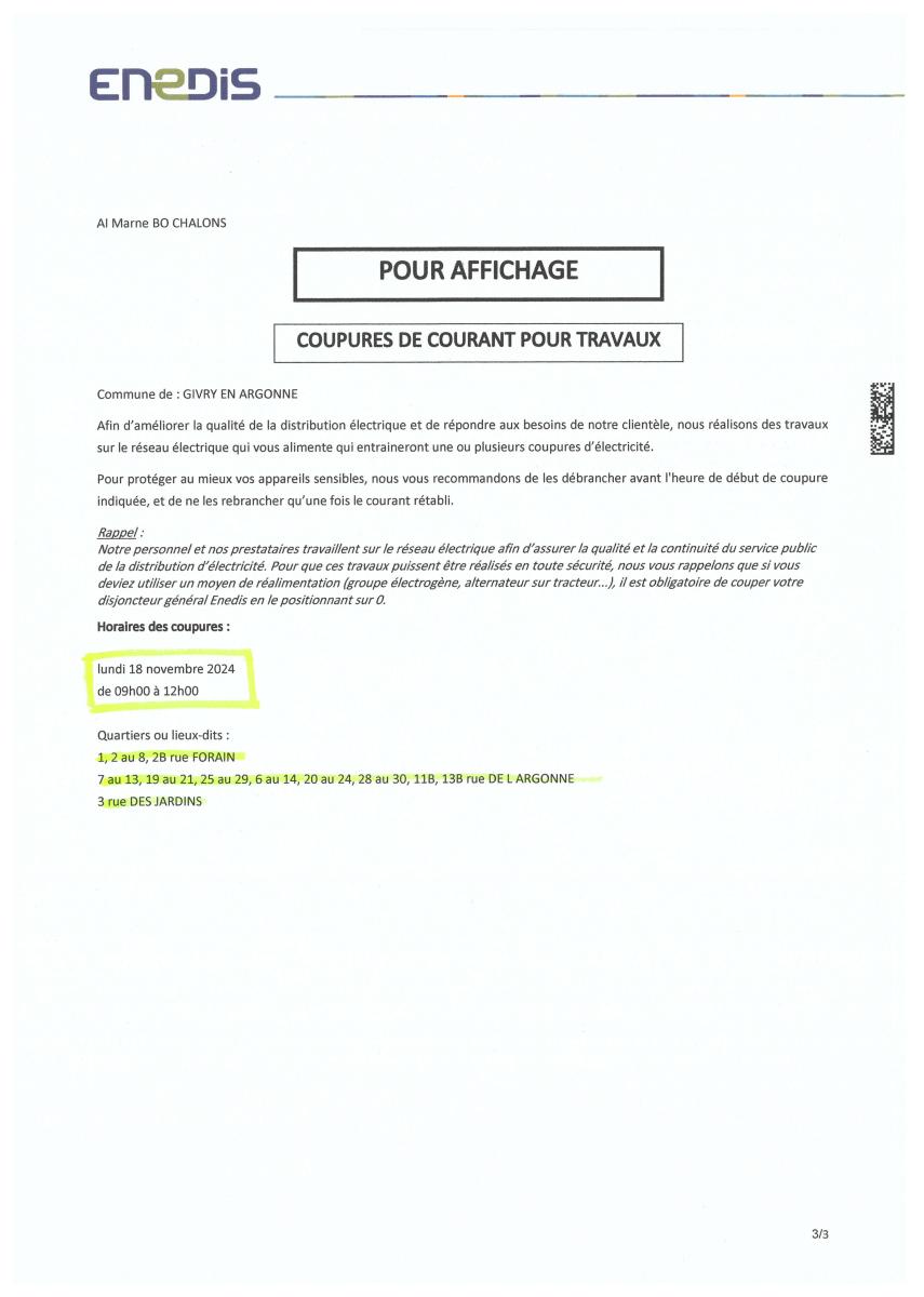 Coupures de courant pour travaux : 18 novembre