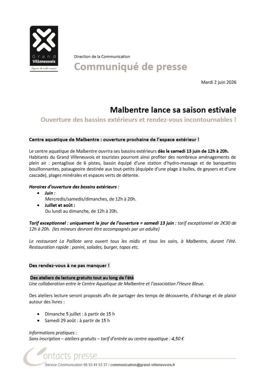 Communiqué Piscines Malbentre
