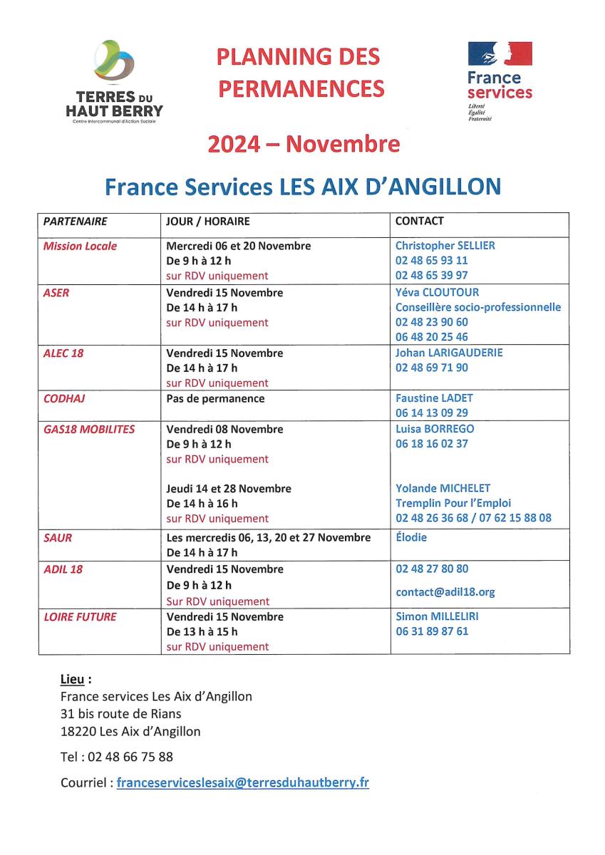 Permanences FRANCE SERVICES  Novembre 2024