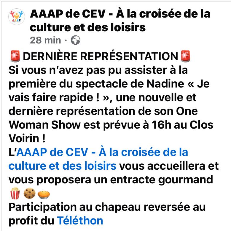 SECONDE REPRÉSENTATION DU « ONE WOMAN SHOW » DE NADINE À 16H