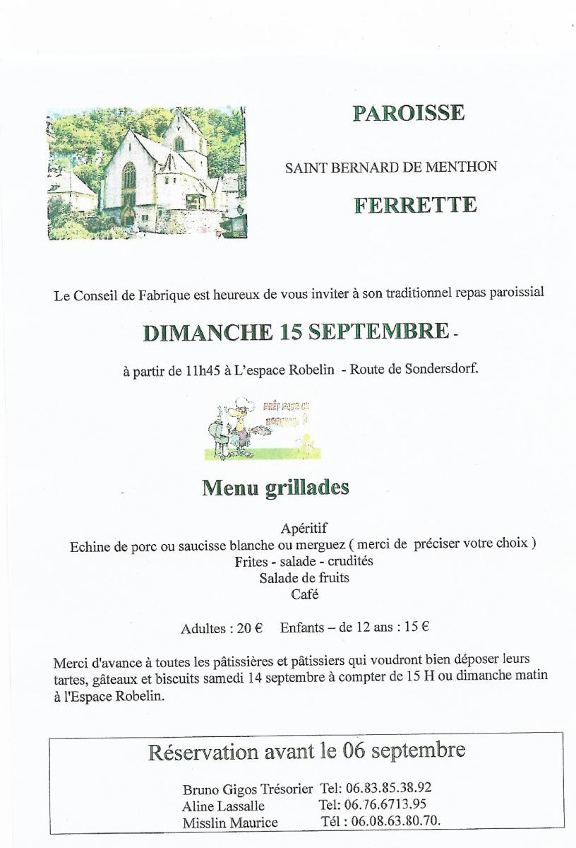 Reservations pour le repas paroissial avant le 6 septembre