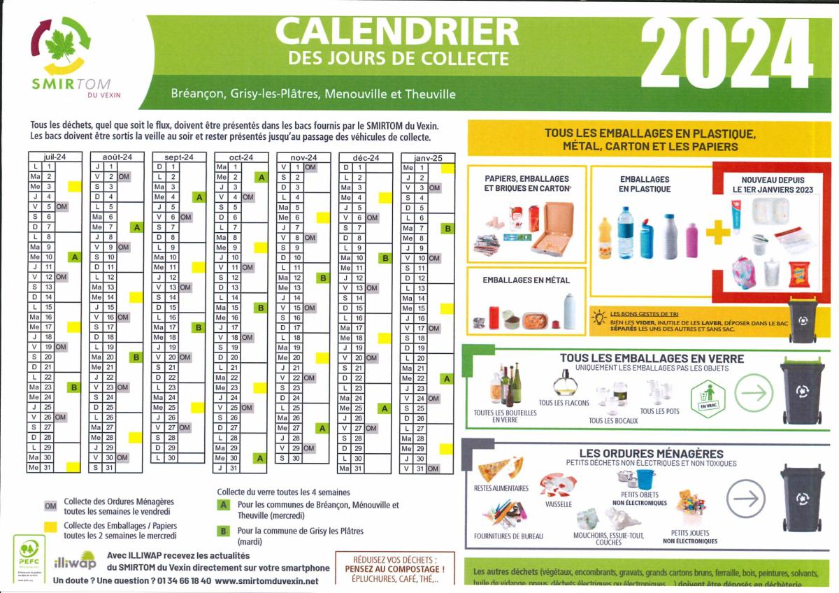 Actualités - CALENDRIER DE COLLECTE 2024 SMIRTOM du Vexin - Actualité  illiwap de Mairie de Berville