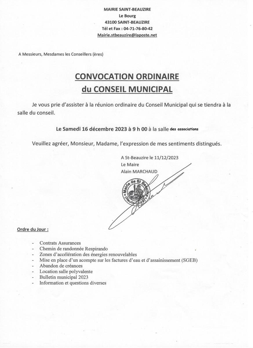 Conseil municipal du 16 décembre