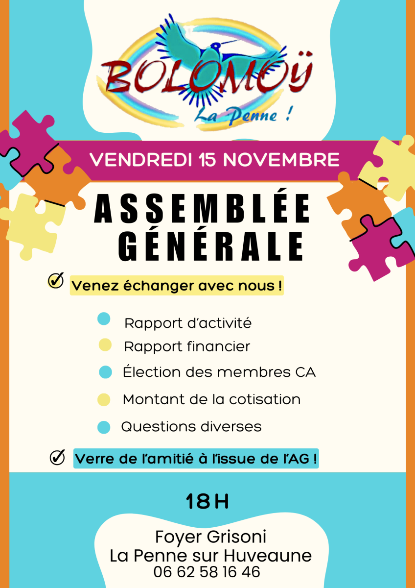 Vendredi 15 novembre : Assemblée Générale Bolomoÿ La Penne