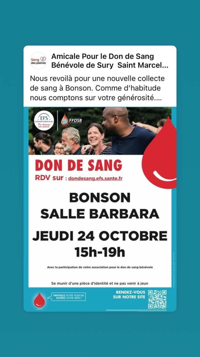 DON DU SANG : JEUDI 24 OCTOBRE DE 15H A 19H00 A BONSON