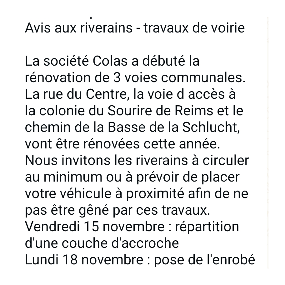 Avis aux riverains- Travaux de voirie