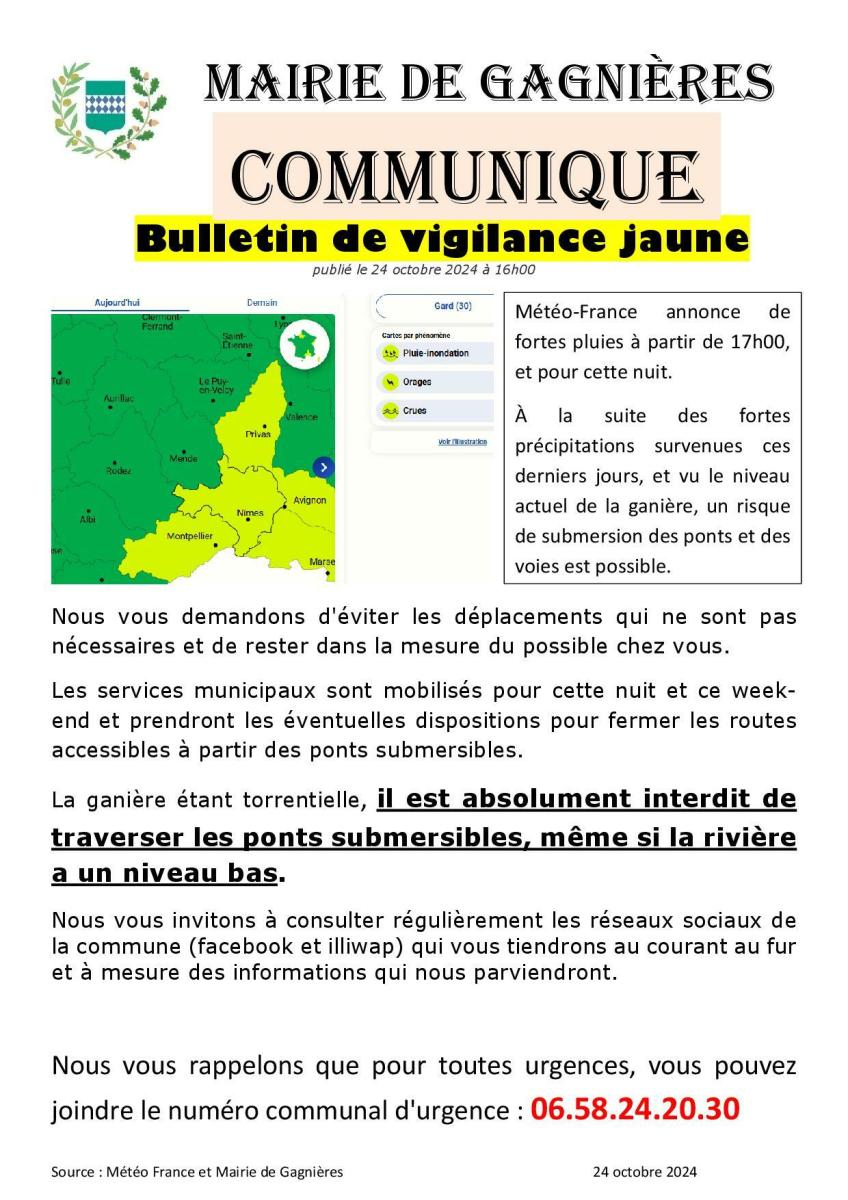 Bulletin météorologique et crues : Vigilance jaune