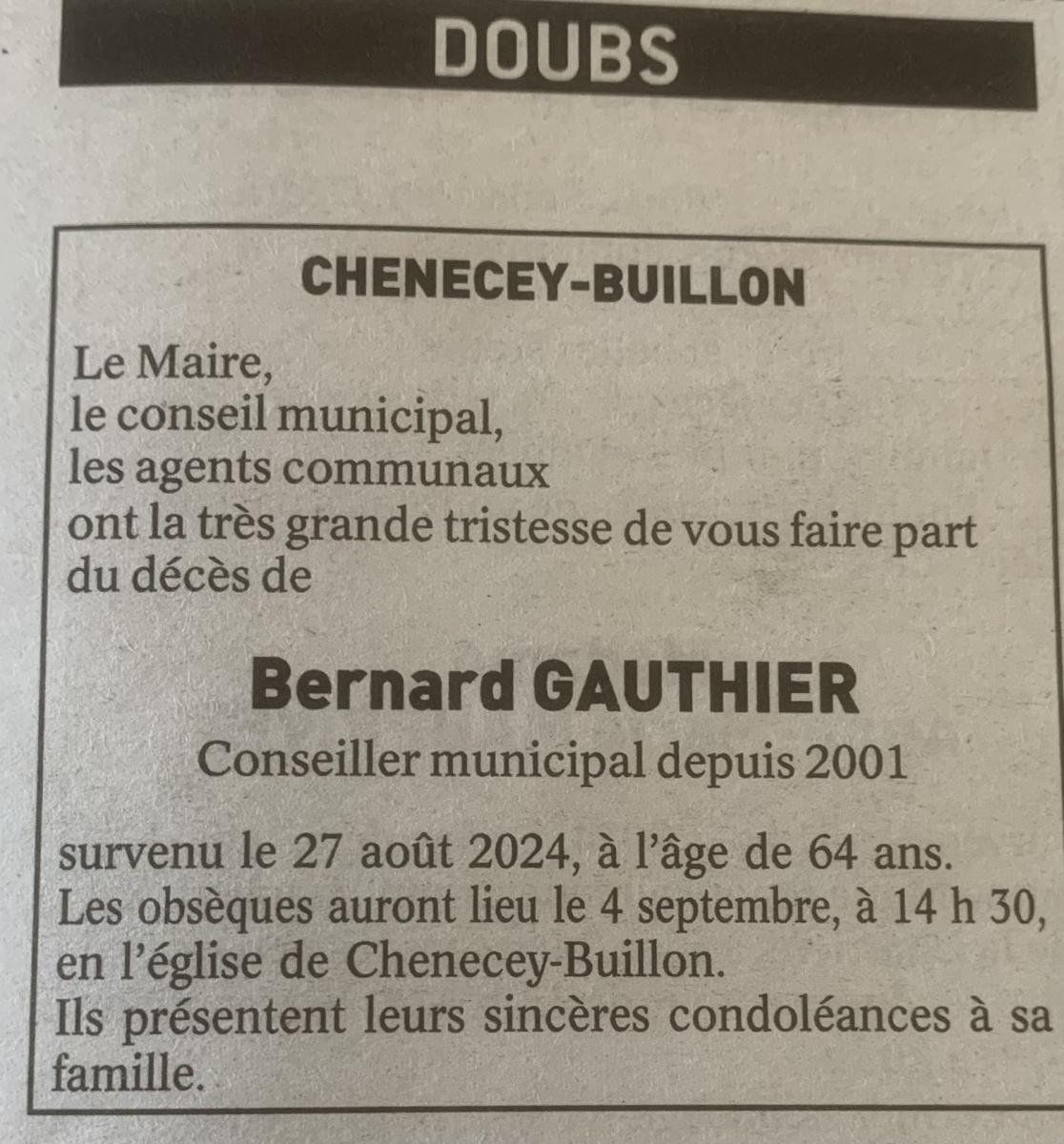 Obsèques Bernard GAUTHIER conseiller municipal