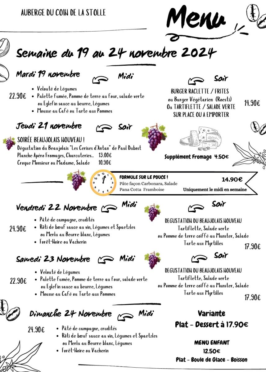 Auberge de la Stolle - Menu du 19 au 24 novembre