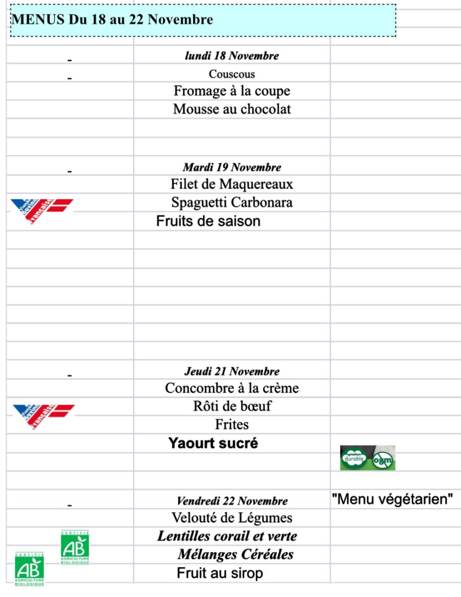 Menus du 18 au 22 novembre