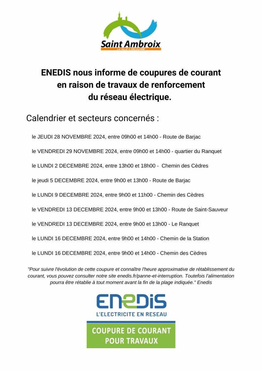 Info ENEDIS : Calendrier des coupures de courant (nov & déc)