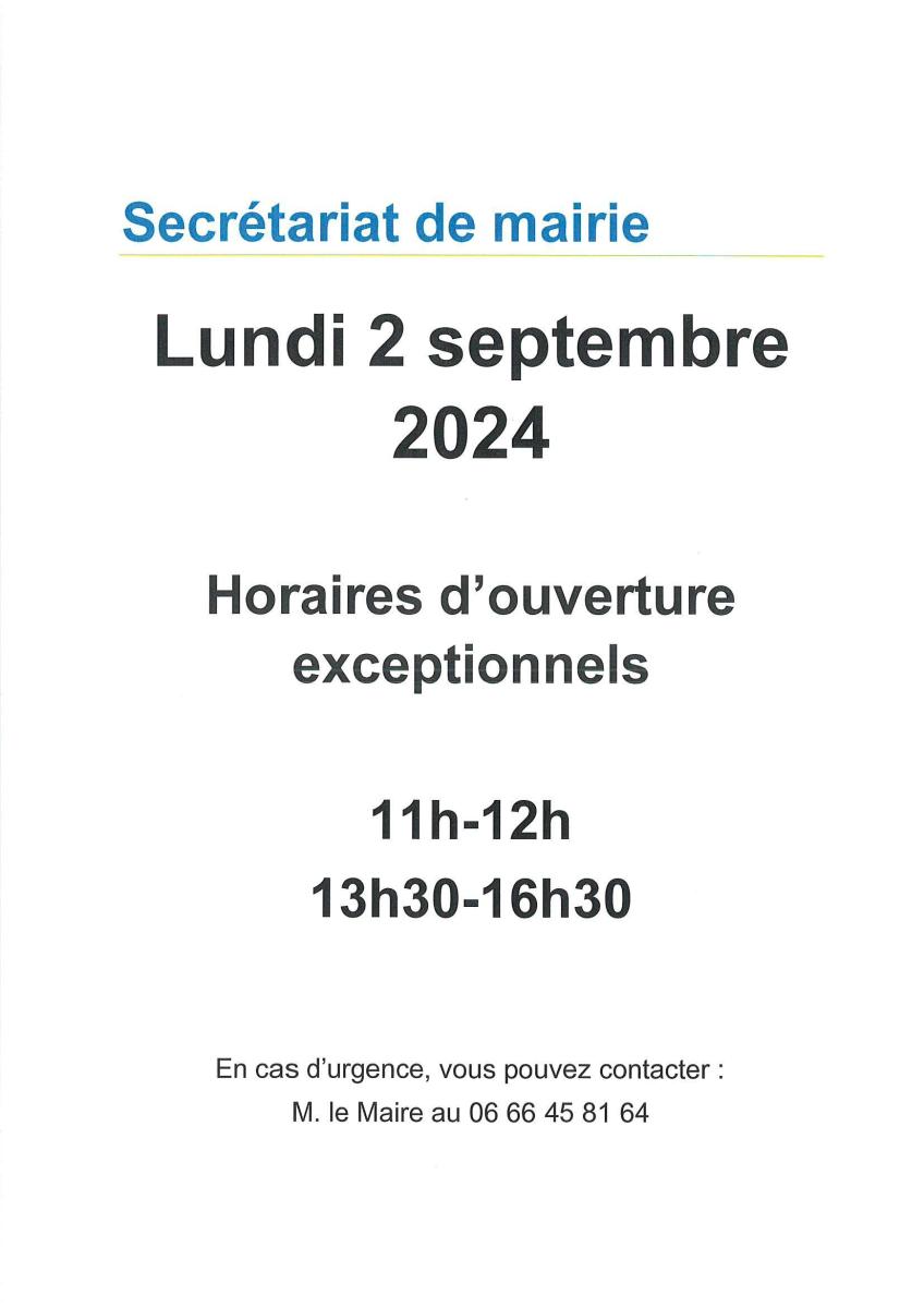 Secrétariat de mairie 2 sept. 2024 : horaires exceptionnels (1/1)