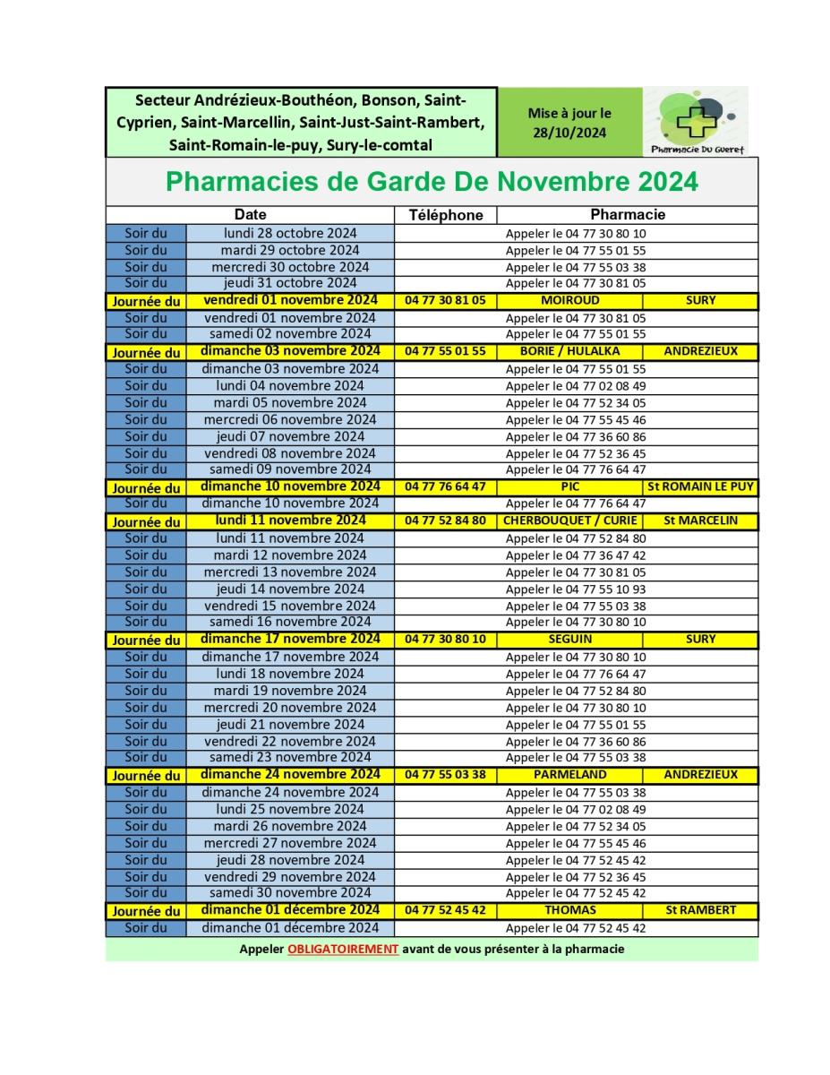 PHARMACIES DE GARDE - MOIS DE NOVEMBRE 2024