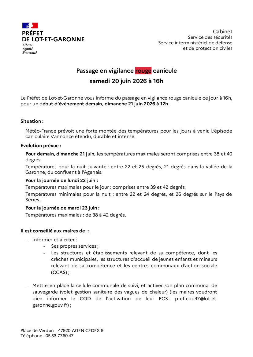 Passage en vigilance rouge canicule ce jour à 16h, pour un d