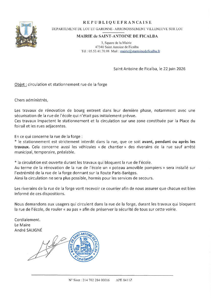 Courrier de Monsieur le Maire