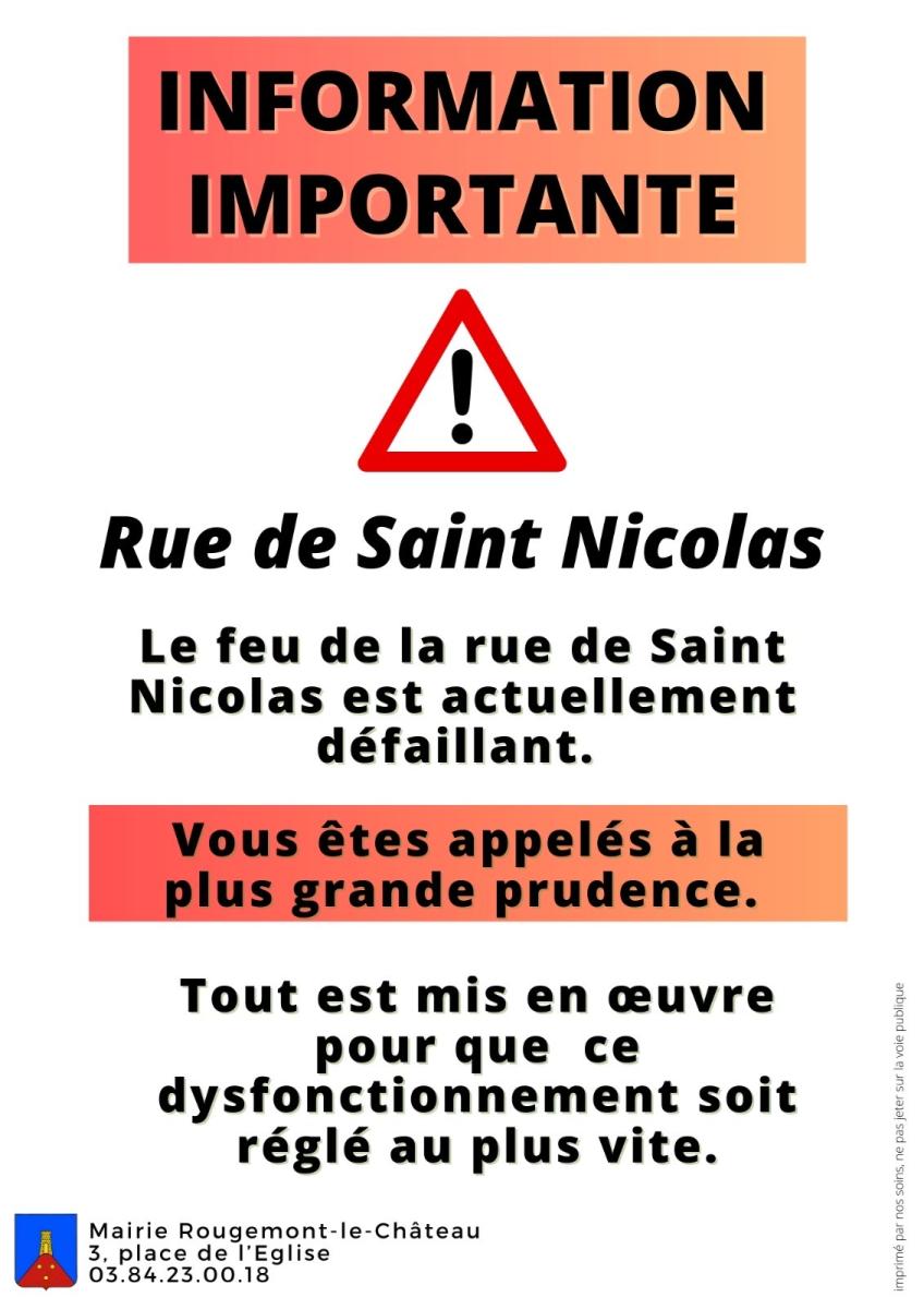 Dysfonctionnement du feu de la rue de Saint-Nicolas