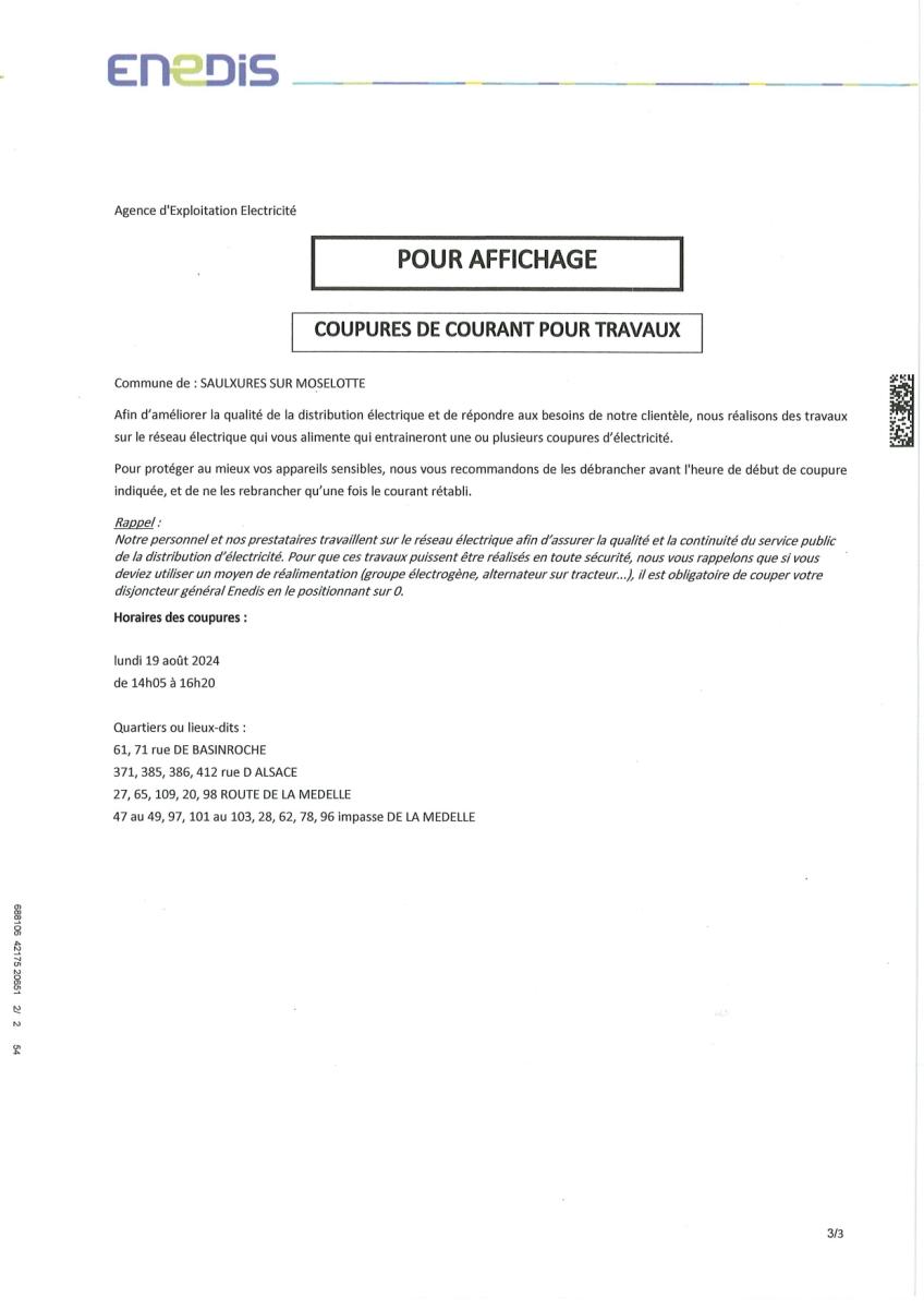 INFO ENEDIS : coupure de courant pour travaux