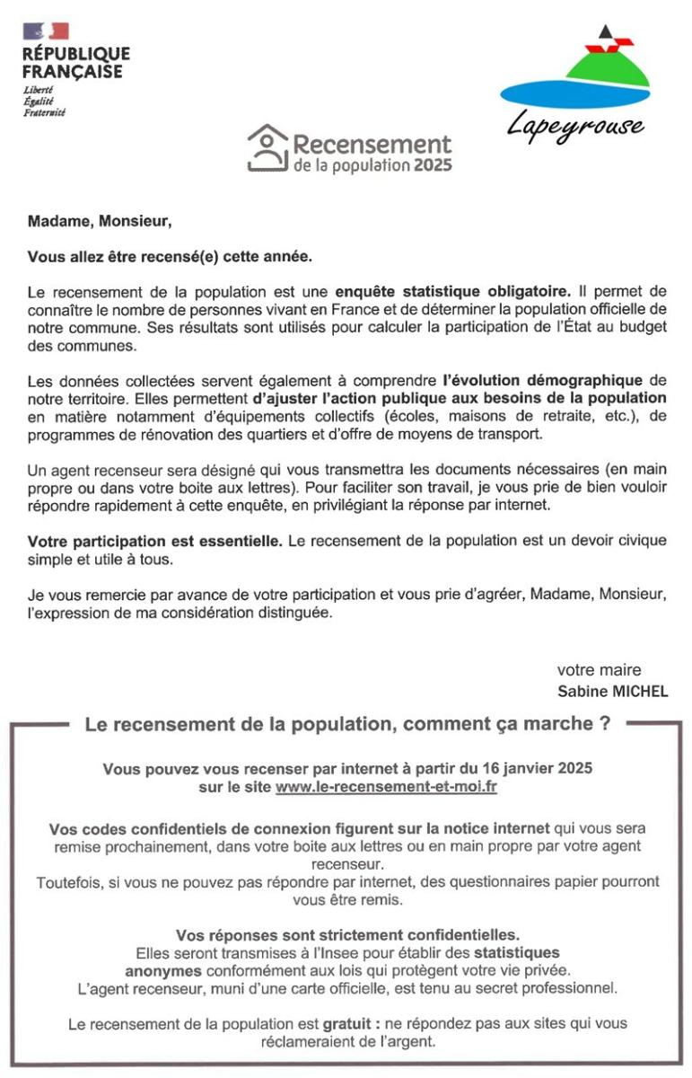 Recensement de la population du 18/01 au 17/02 2025