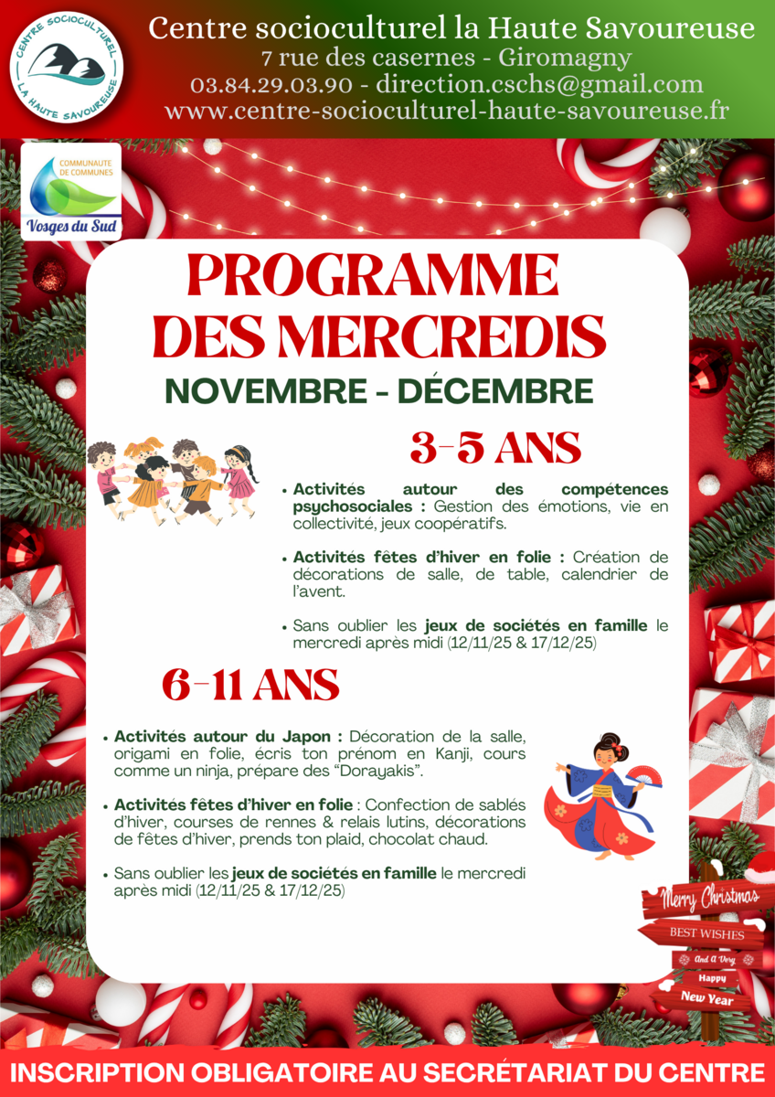 Programme des mercredis de novembre et décembre du centresocioculturel