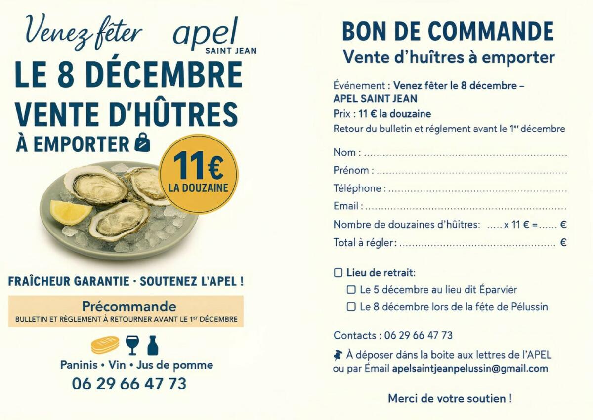 Vente d’huîtres à emporter proposé par l’APEL SAINT JEAN pour le 8 décembre
