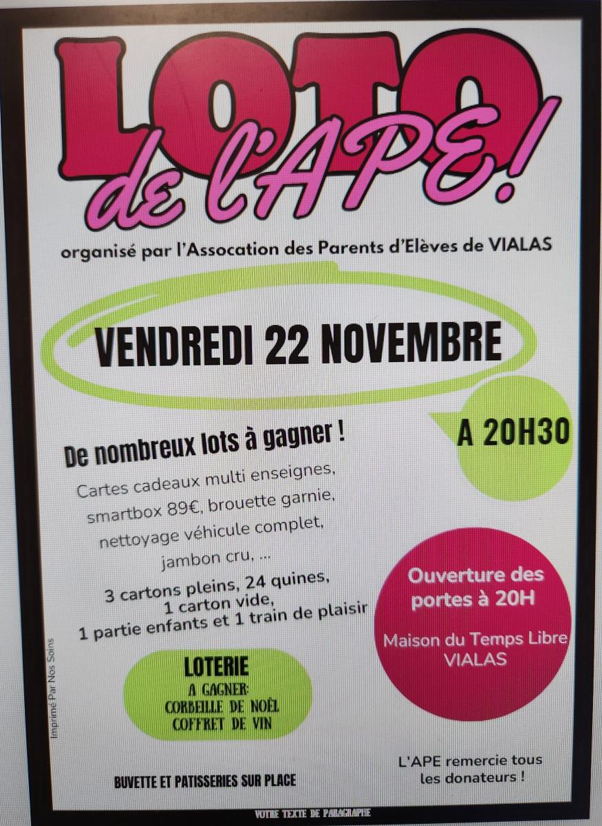 22/11 - 20h : Loto de l'APE de l'école de Vialas