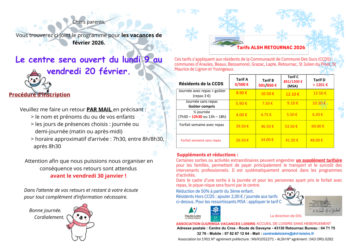 ❄️ Vacances d’Hiver 2026 au Centre de Loisirs de Retournac ❄️
