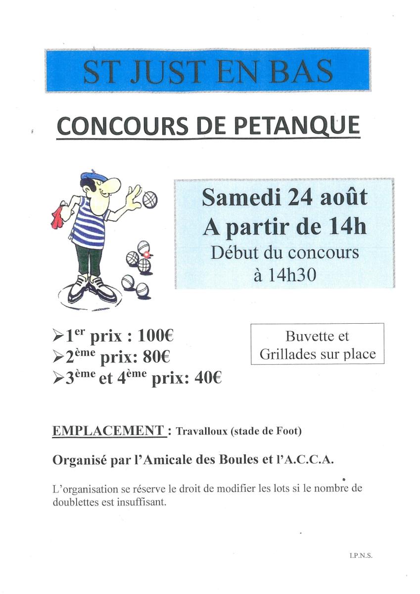 Concours de pétanque 24 août 2024 à partir de 14h00 à ST JUST EN BAS