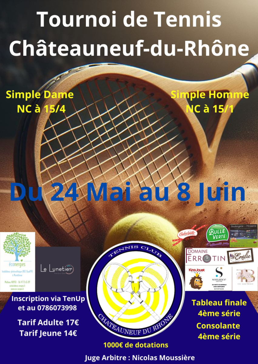 Tournoi de tennis organisé par le tennis club - du 24 mai au 8 juin !