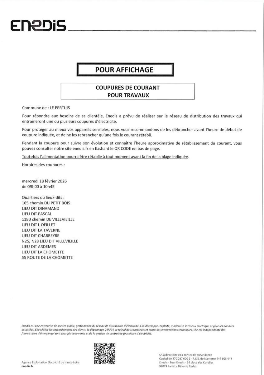 Coupures de courant mercredi 18/02