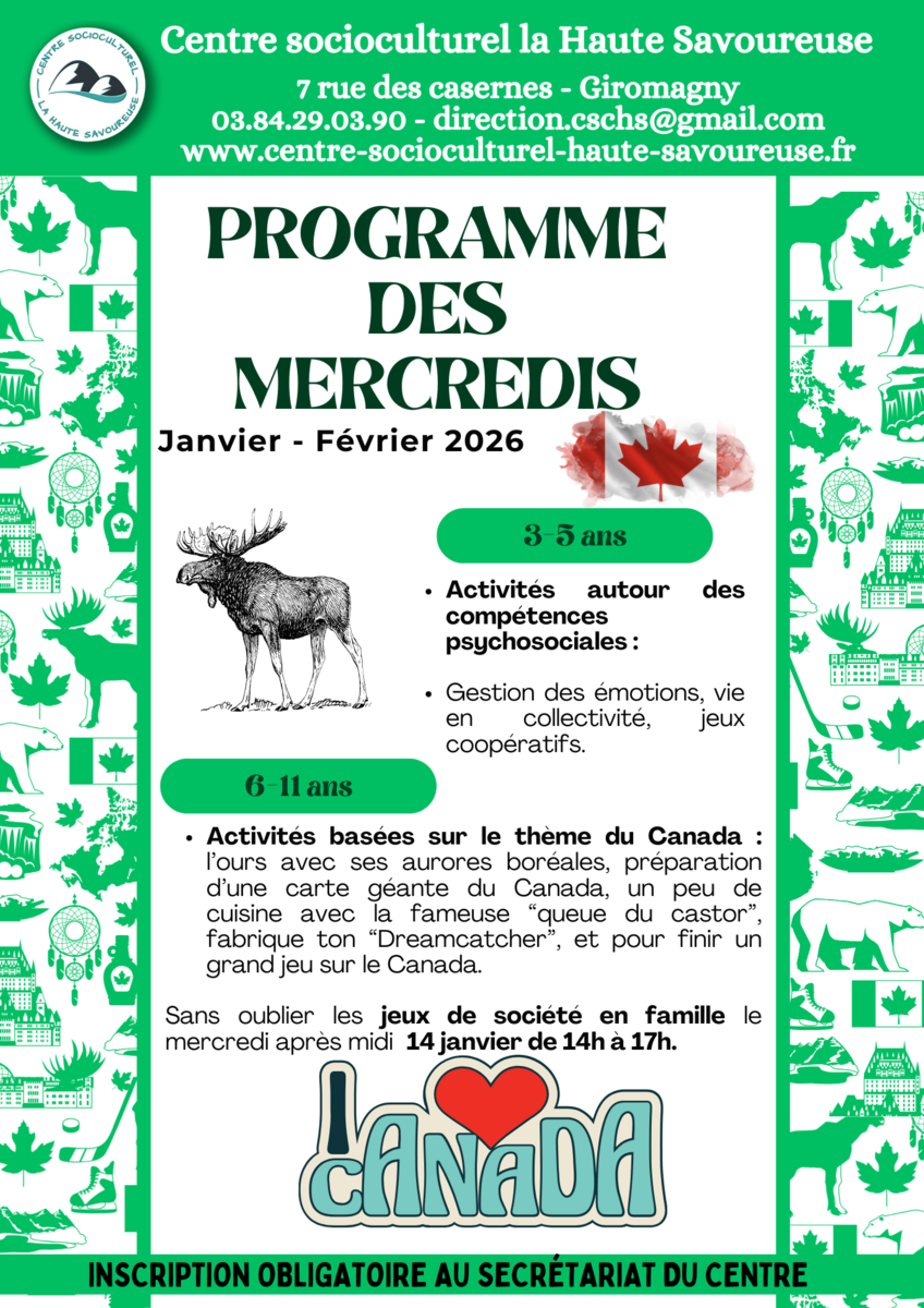 Programme des mercredis de janvier et de février du centresocioculturel