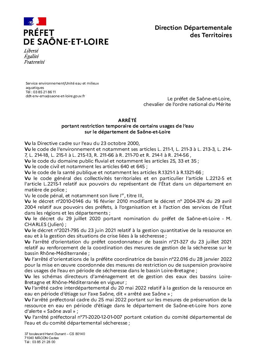 Arrêté Préfectoral sécheresse 71 ALERTE RENFORCEE