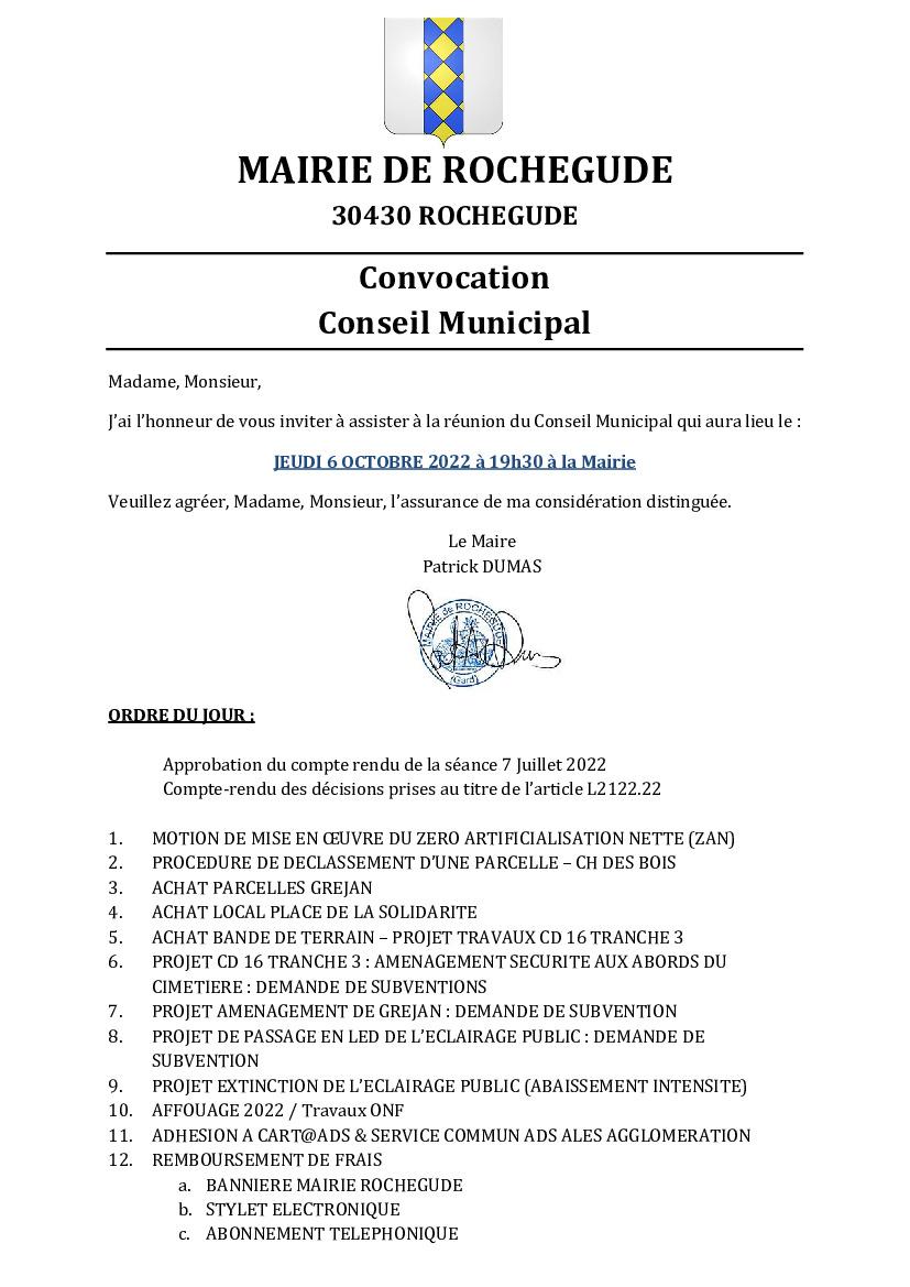 Convocation Conseil Municipal le jeudi 6 octobre  2022
