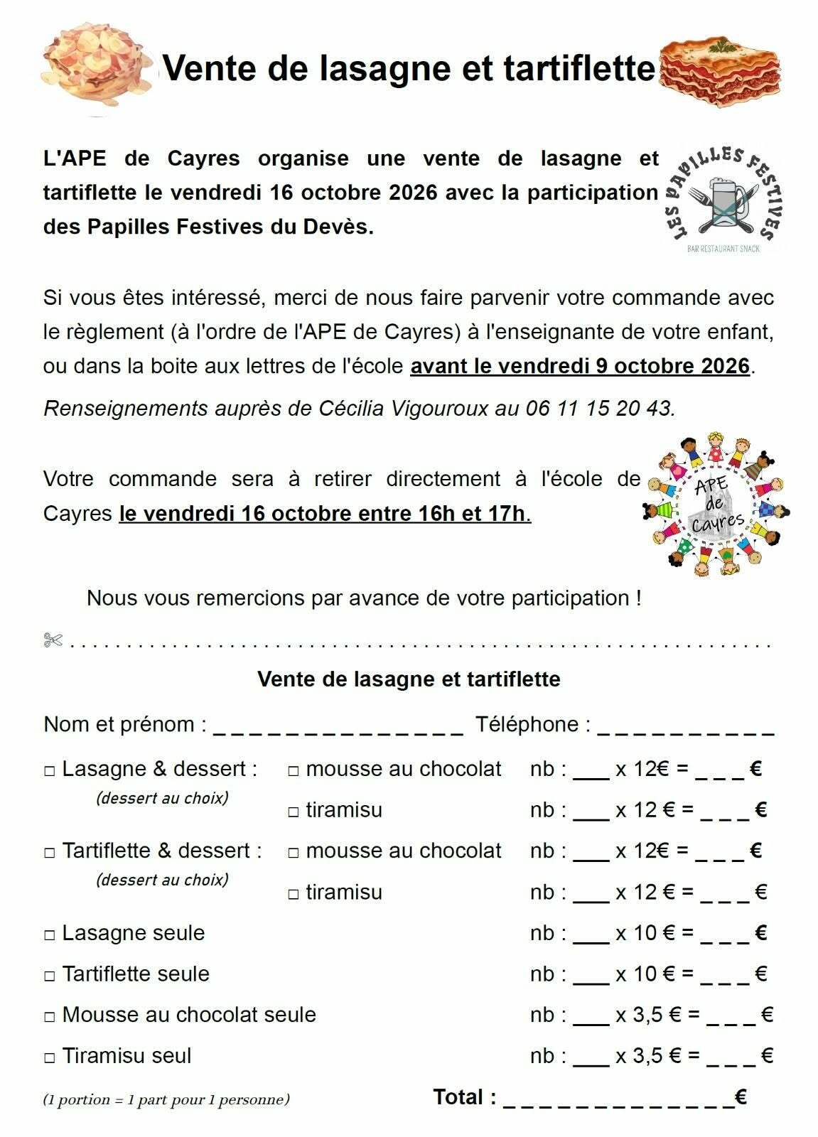 VENTE DE LASAGNES & TARTIFLETTE - APE CAYRES