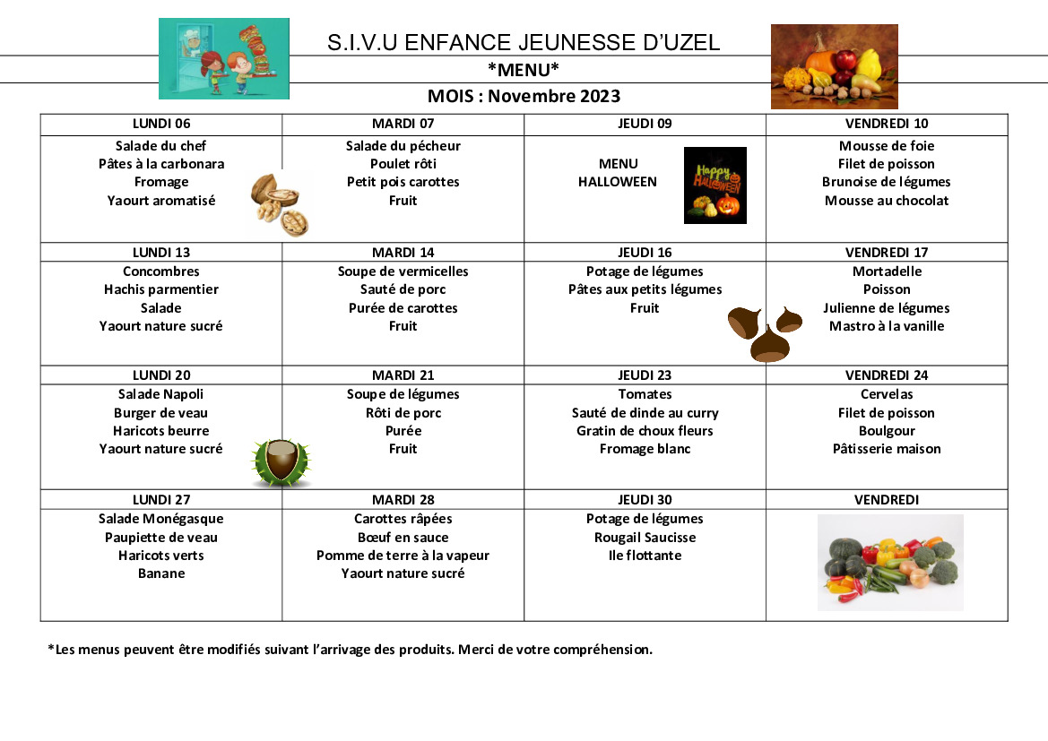 Actualités - Menus De La Cantine Scolaire Pour Le Mois De Novembre ...