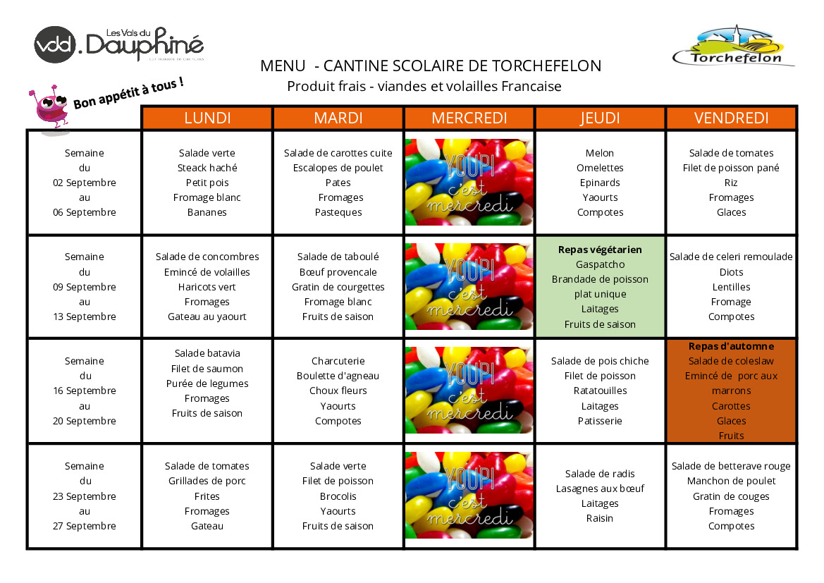 MENUS DE LA CANTINE SEPTEMBRE 2024