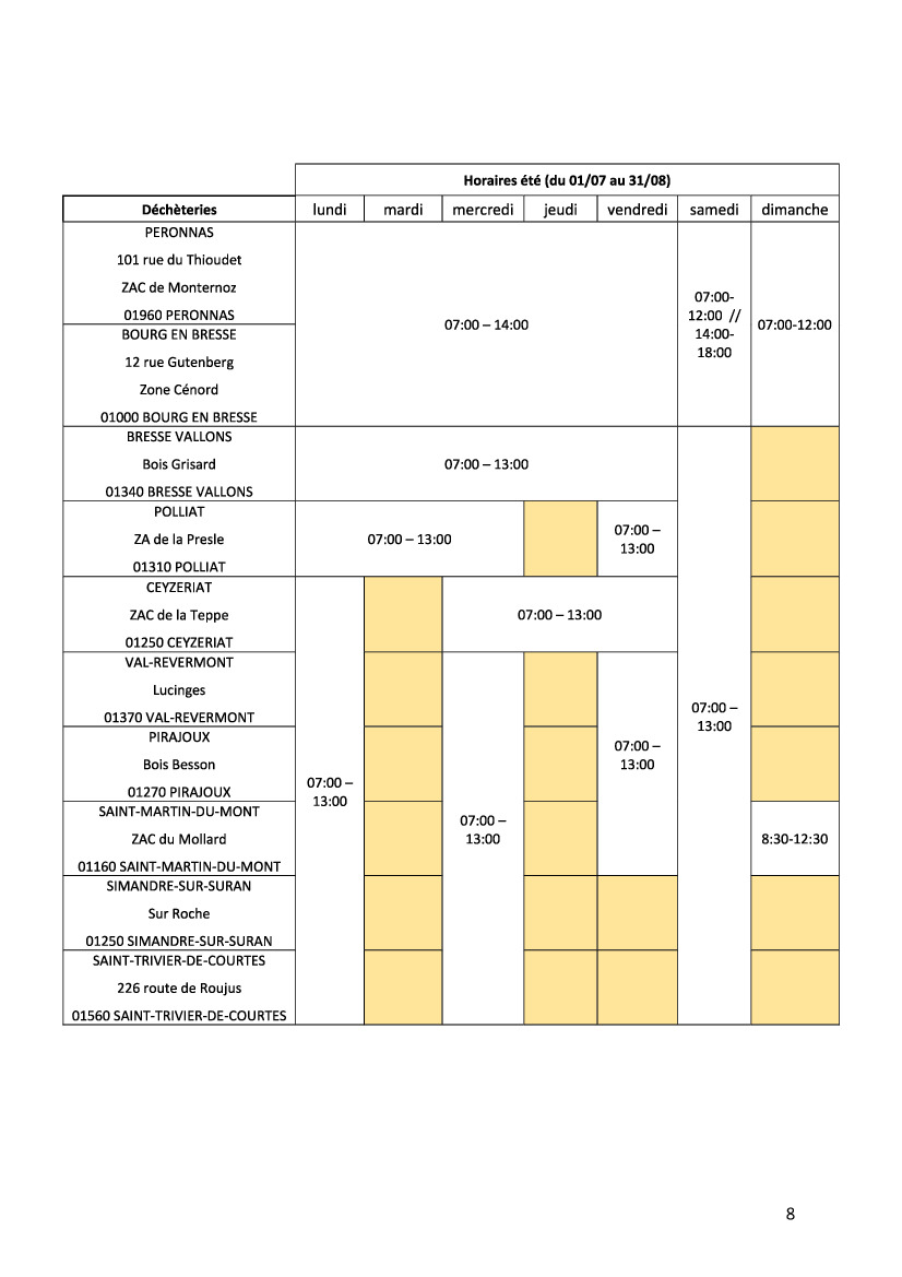 Horaires  été des déchèteries