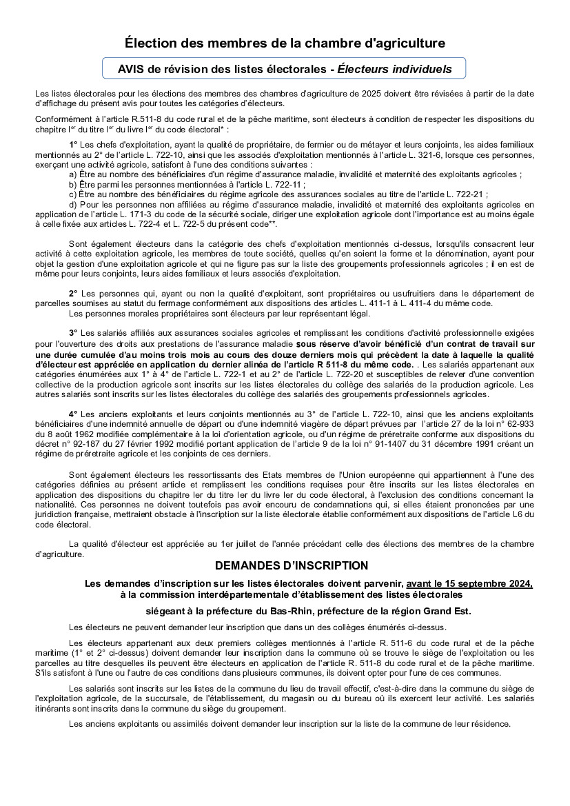 ELECTIONS DES MEMBRES DE LA CHAMBRE D'AGRICULTURE D'ALSACE