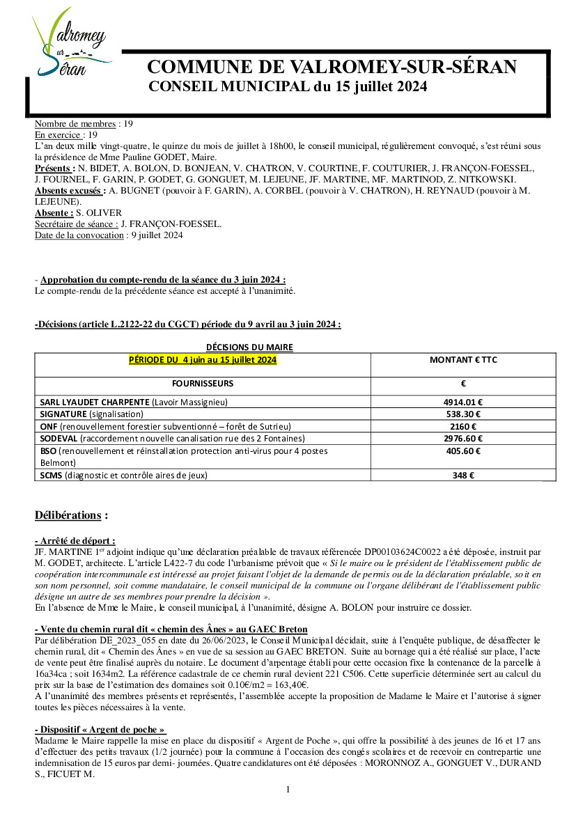 compte rendu du conseil municipal du 15 juillet 2024