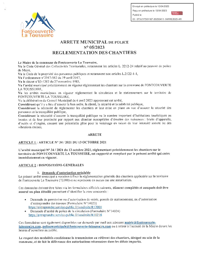 ?ARRETE REGLEMENTATION DES CHANTIERS ?