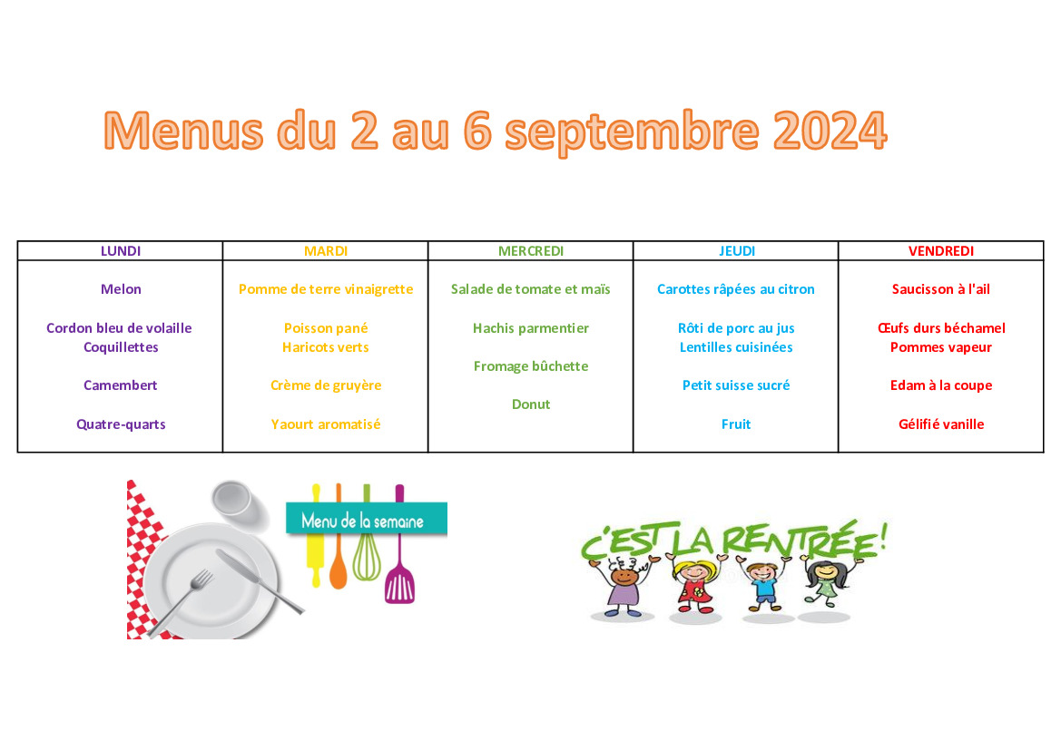 Menus du 2 au 6 septembre