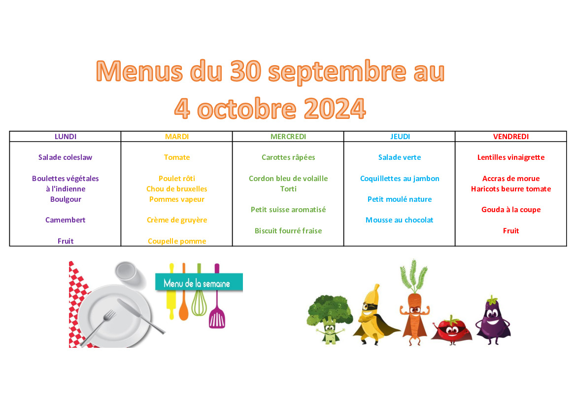 Menus du 30 septembre au 4 octobre