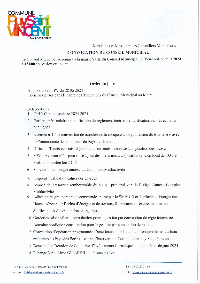 Prochain conseil municipal : vendredi 9 août 2024.